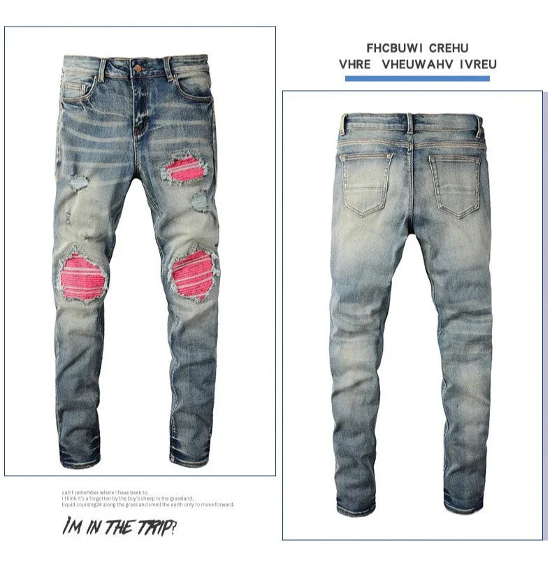 Hole Jeans Men Patchwork Ankle Length Trousers Washed Denim Pencil Pants Mid Waist Vintage Distressed Autumn Street Denims