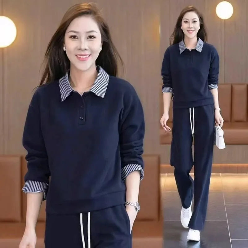 Lazy Style Spring Autumn New Style Women's Clothing Stylish Casual Fake Two Piece Sweatshirt Set One Complete Set Fashion Outfit