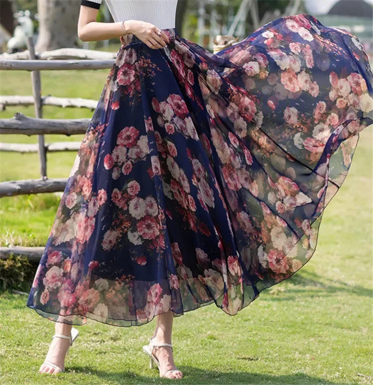 Elegant Skirts for Women Summer New Chiffon Half-body Skirt Crushed Flower Vacation Style Women's Beach Skirt Pleated Skirt