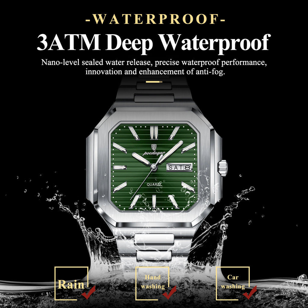 POEDAGAR Luxury Square Male Watch Waterproof Luminous Date Week Quartz Watches For Men Stainless Steel Fashion Men's Clock Reloj