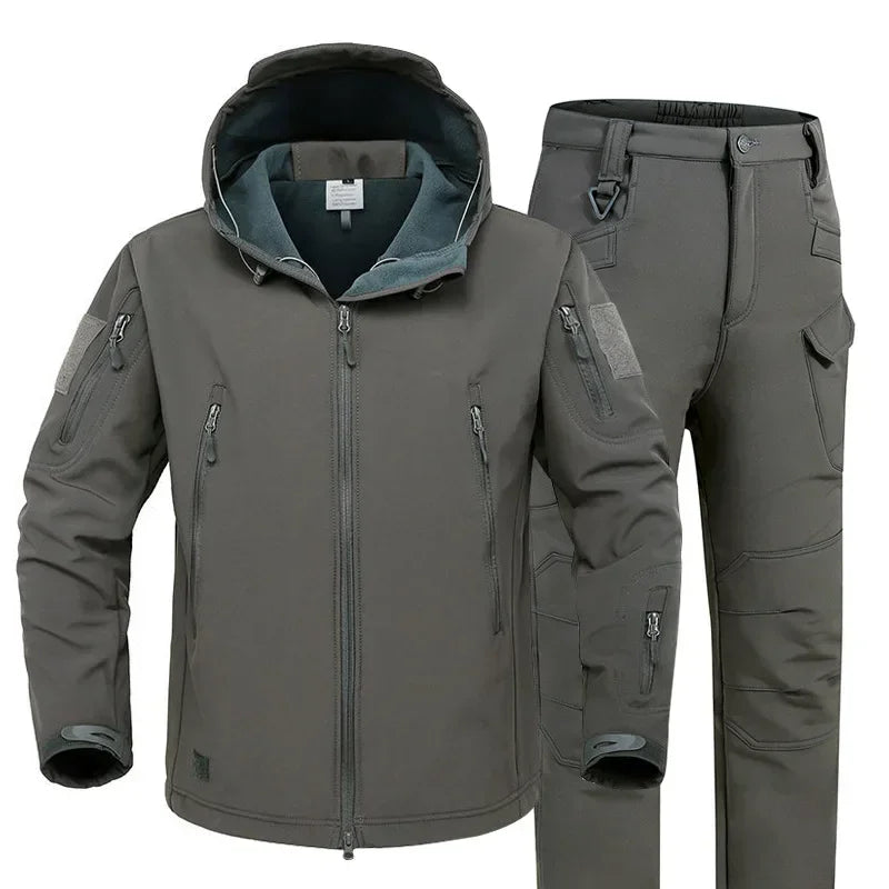 Winter Thicken Men Camo Suit Waterproof Tactical Training Set Multi-pocket Hooded Jacket Fleece Pants Outdoor Hunting 2-piece