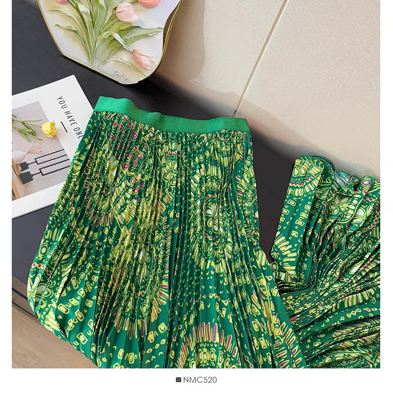 Bohemian Print Beach Skirts Female High Waist Flowy A-Line Pleated Maxi Skirt for Vacation Resort Wear & Spring Fall Fashion