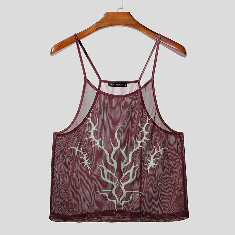 INCERUN Men Tank Tops Printing O-neck Sleeveless Summer Mesh Male Vests See Through Streetwear Sexy Fashion Crop Tops Men S-5XL