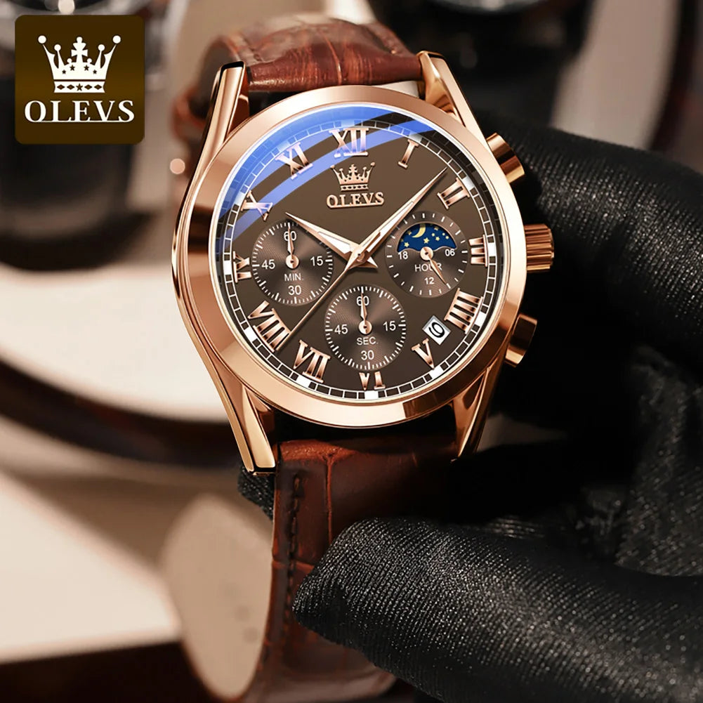 OLEVS 2871 Quartz Watches for Men Fashion Leather Strap 30M Waterproof Chronograph 24 Hour Moon Phase Auto Date Luxury Man Watch