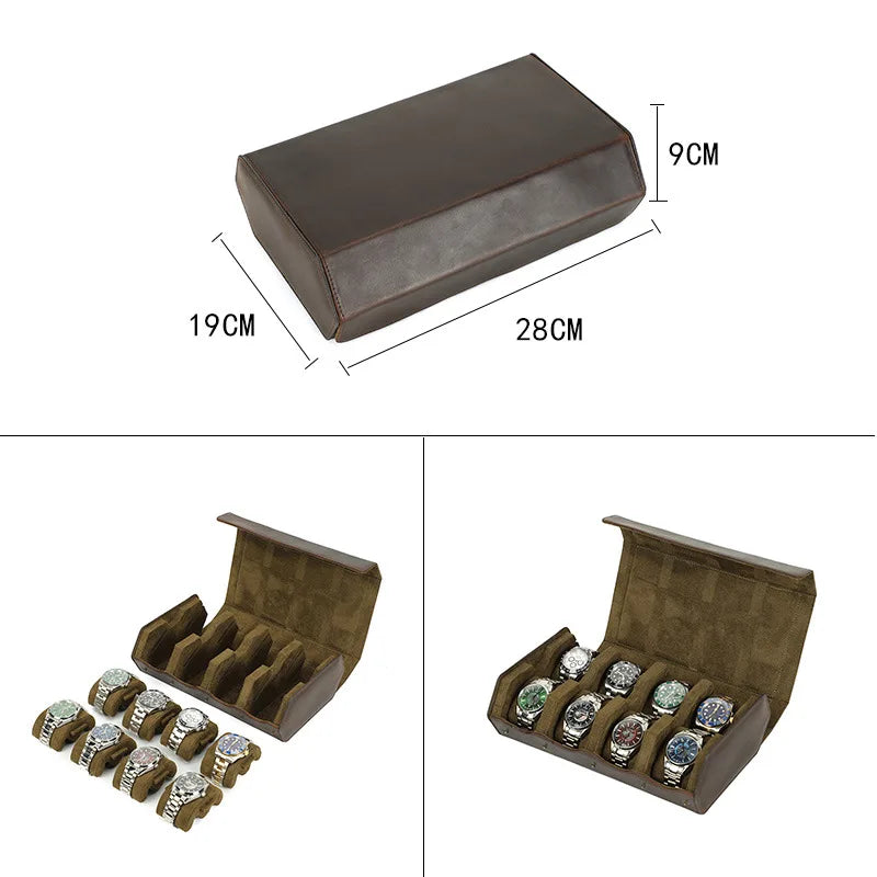 High-end Leather 8 Slot Watch Boxes Organizer for Men Travel Storage Display Bag Luxury Retro Crazy Horse Skin Fall Prevention