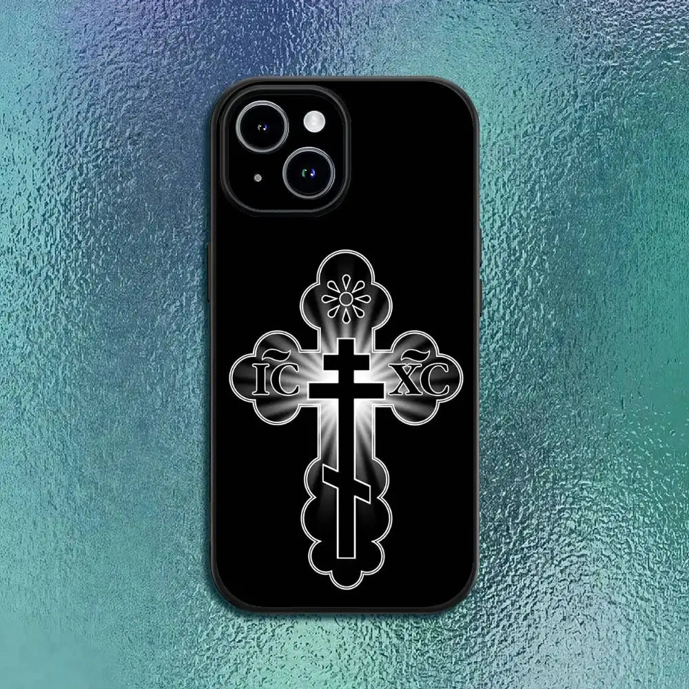 Orthdox Cross Icon Phone Case For IPhone 11 12 13 14 15 16Pro Max Plus Classic Black Soft Shell