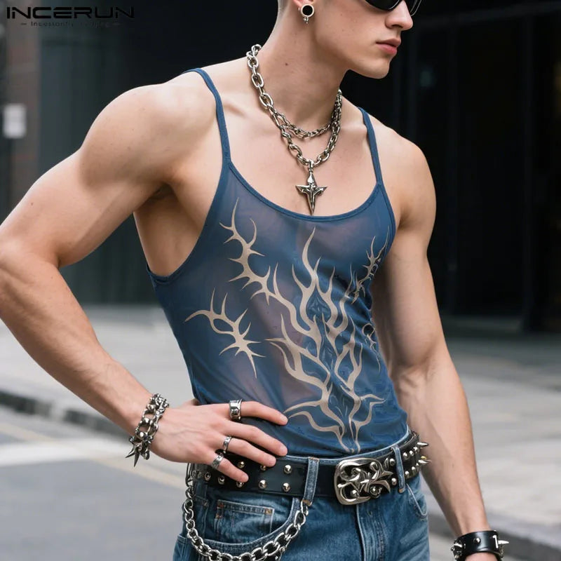 INCERUN Men Tank Tops Printing O-neck Sleeveless Summer Mesh Male Vests See Through Streetwear Sexy Fashion Crop Tops Men S-5XL