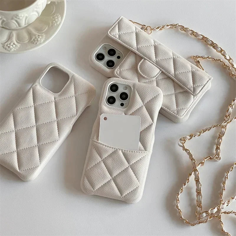 Crossbody Lanyard Wallet Phone Case For iPhone 15 14 13 16 Pro Max Card Holder Necklace Chain Luxury  Leather ( NO LOGO)