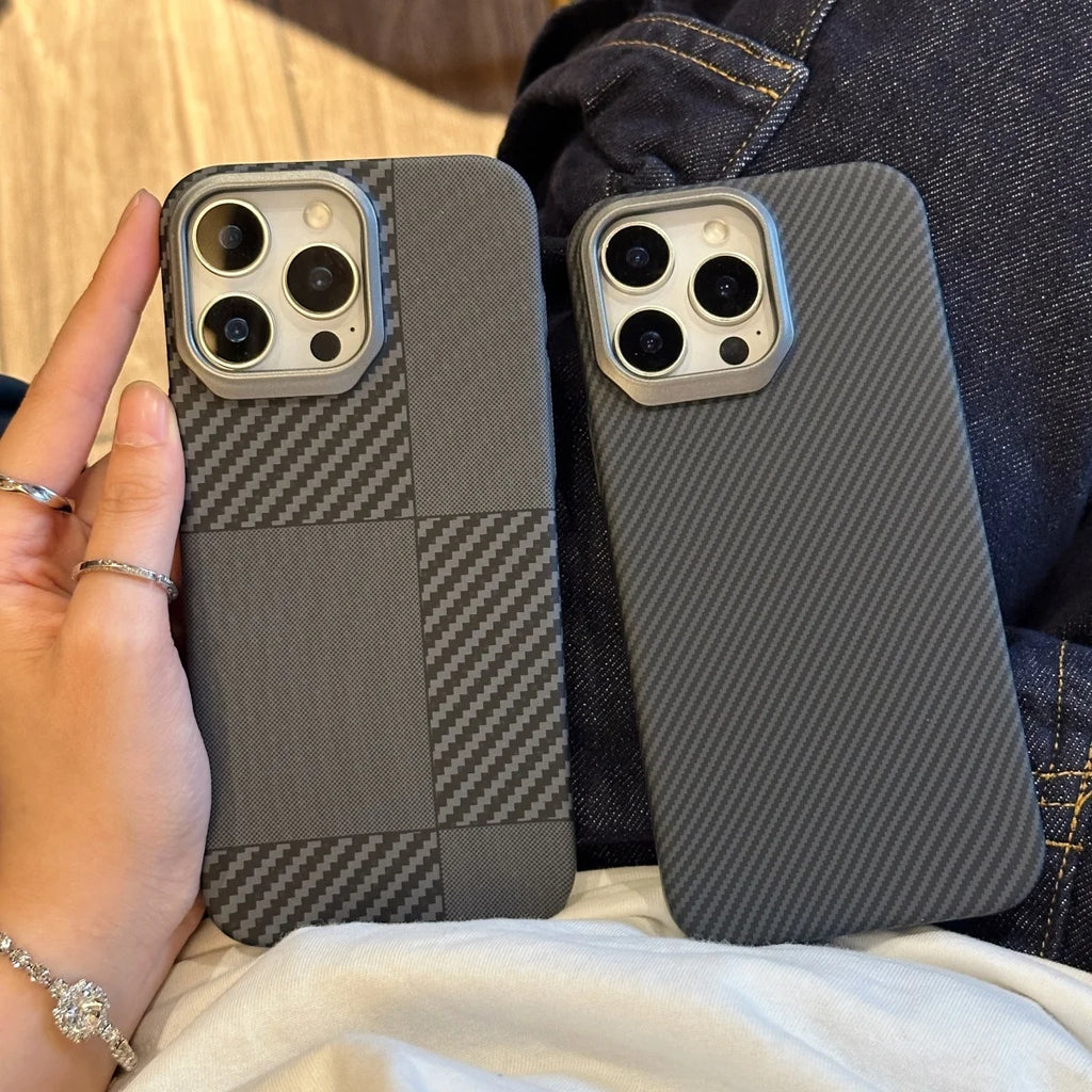 Carbon Fiber Kevlar Texture Phone Case For iPhone 17 Air 16 15 14 Plus 13 12 Pro Max 16E Metal Camera Frame Hard Plastic Cover