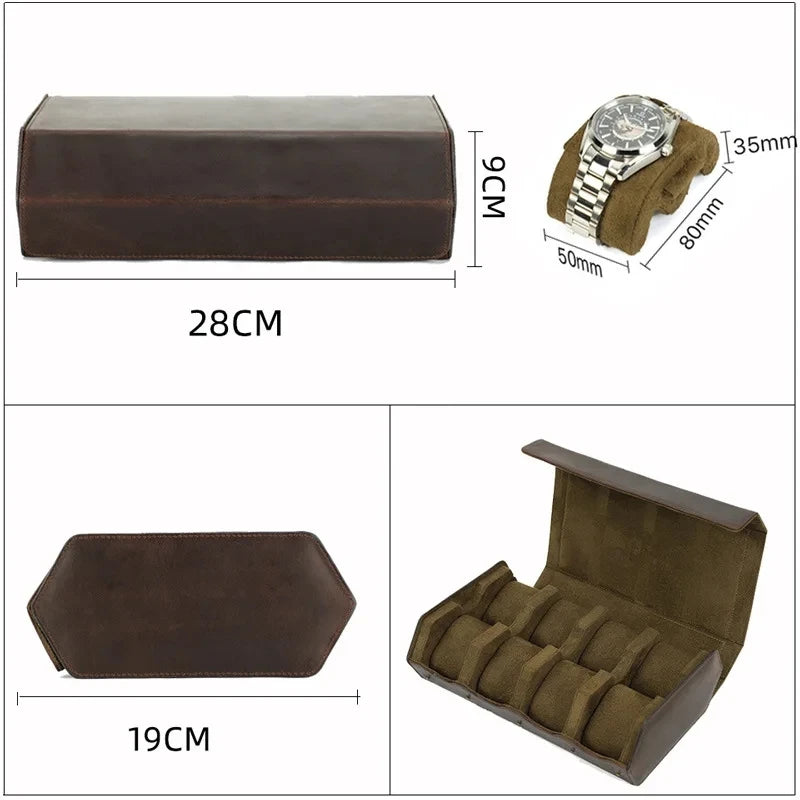 High-end Leather 8 Slot Watch Boxes Organizer for Men Travel Storage Display Bag Luxury Retro Crazy Horse Skin Fall Prevention