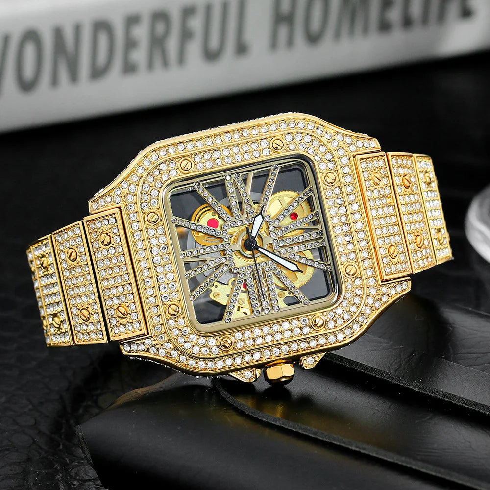 TOP brand watches Fashion Square Men's Watches Luxury Hollow Hip Hop Full Diamond Metal Waterproof Male Quartz Clock Watch Gift