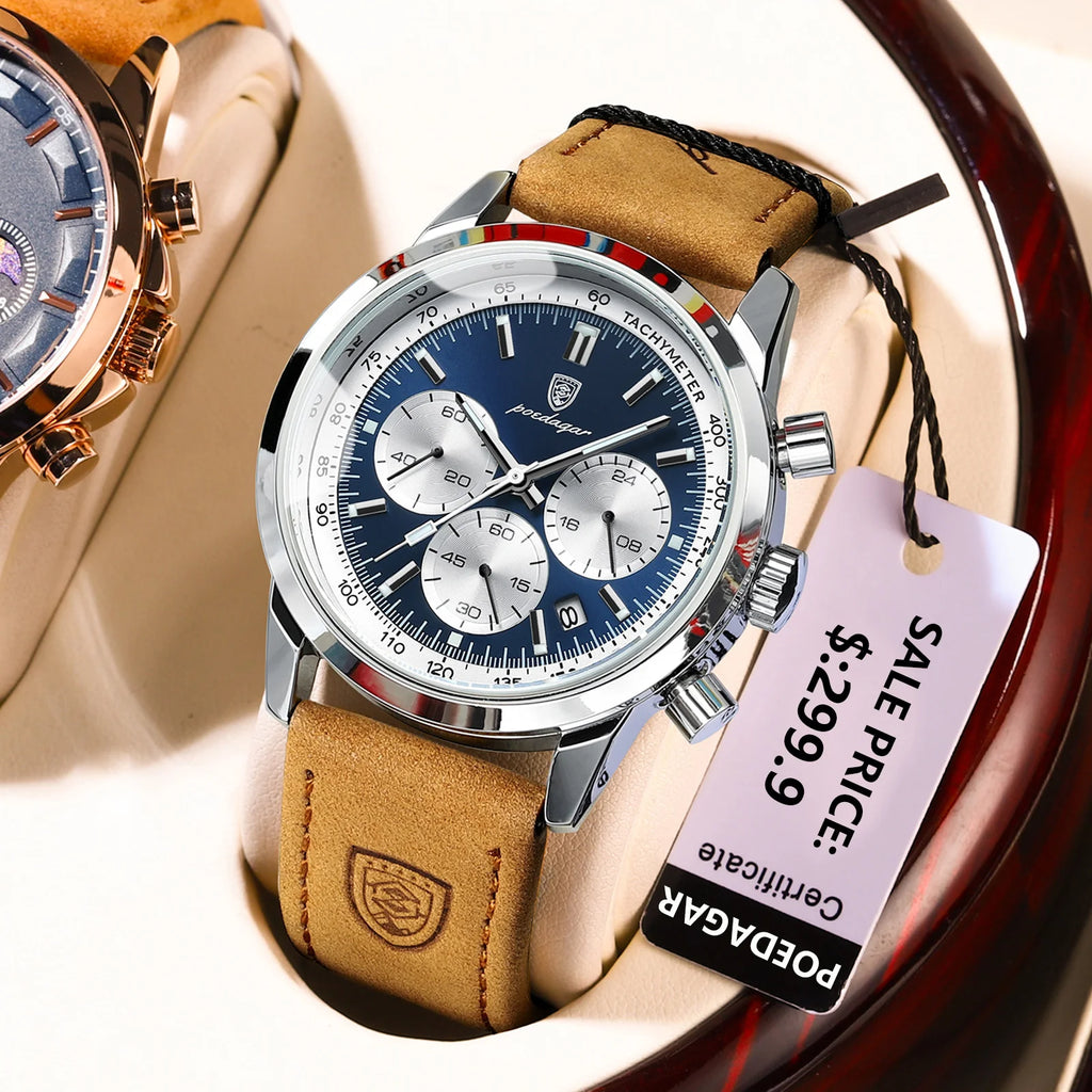 POEDAGAR Top Brand Men's Quartz Watch Waterproof Luminous Chronograph Military Man Watch Luxury Fashion Leather Watches For Men