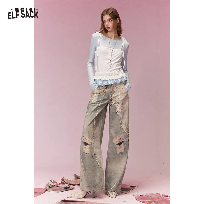 ELFSACK Sweet Cool Distressed Print Lace Insert Wide Leg Jeans For Women