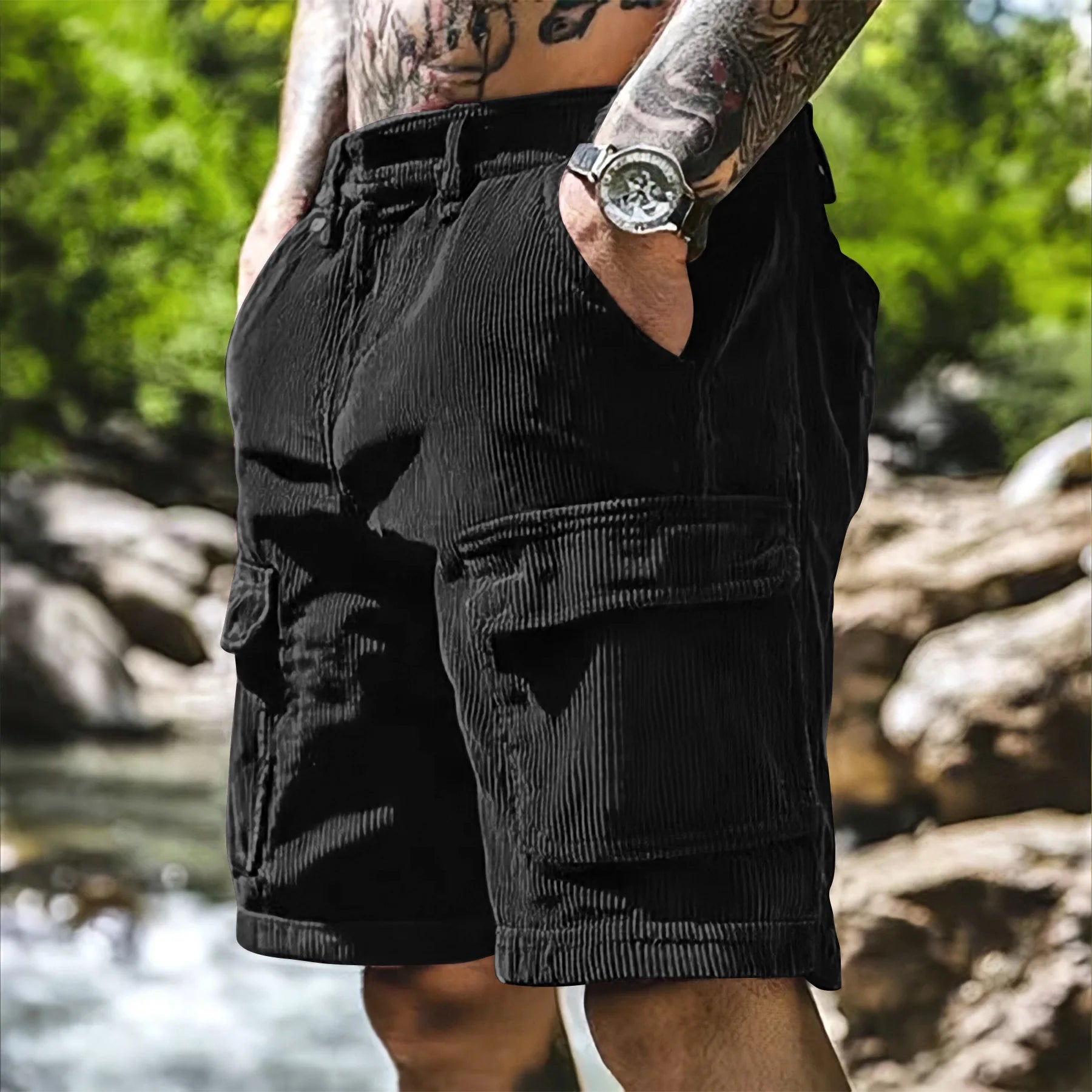 Summer Men's Corduroy Casual Shorts Solid Color Multi Pocket Safari Style Loose Shorts Men Fashion Straight Sports Knee Length