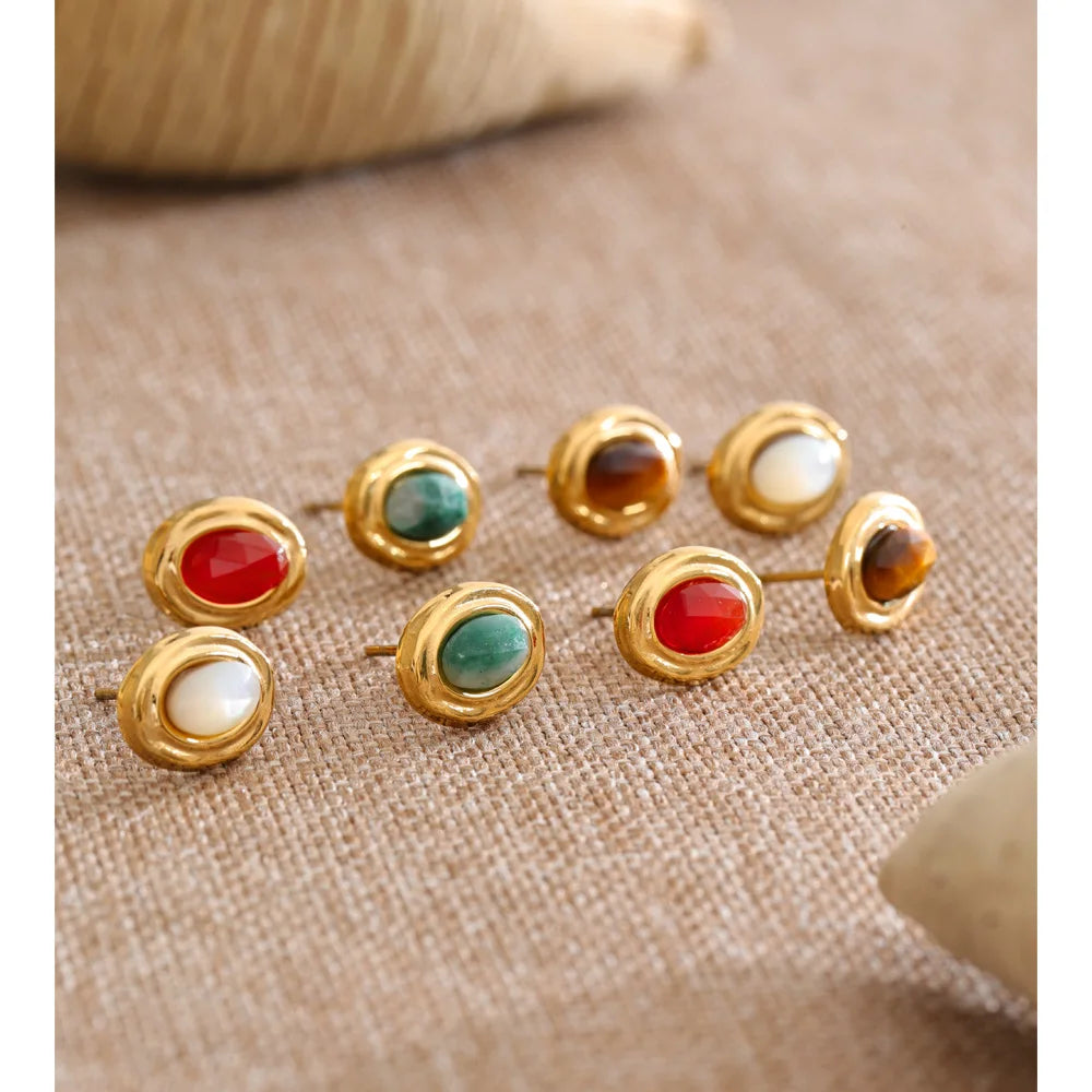 Yhpup 2026 Stainless Steel France Stud Earrings Natural Stone Agate Tiger Dainty Fashion Gift Jewelry Recommend