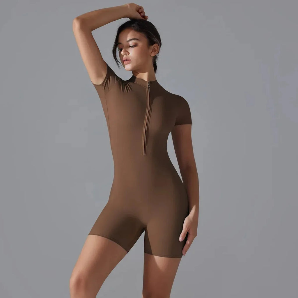 Yoga Set Women's Jumpsuits One-Piece Suit Zipper Short Sleeve Gym Push Up Workout Clothes Fitness Bodysuit Sportswear Tracksuit