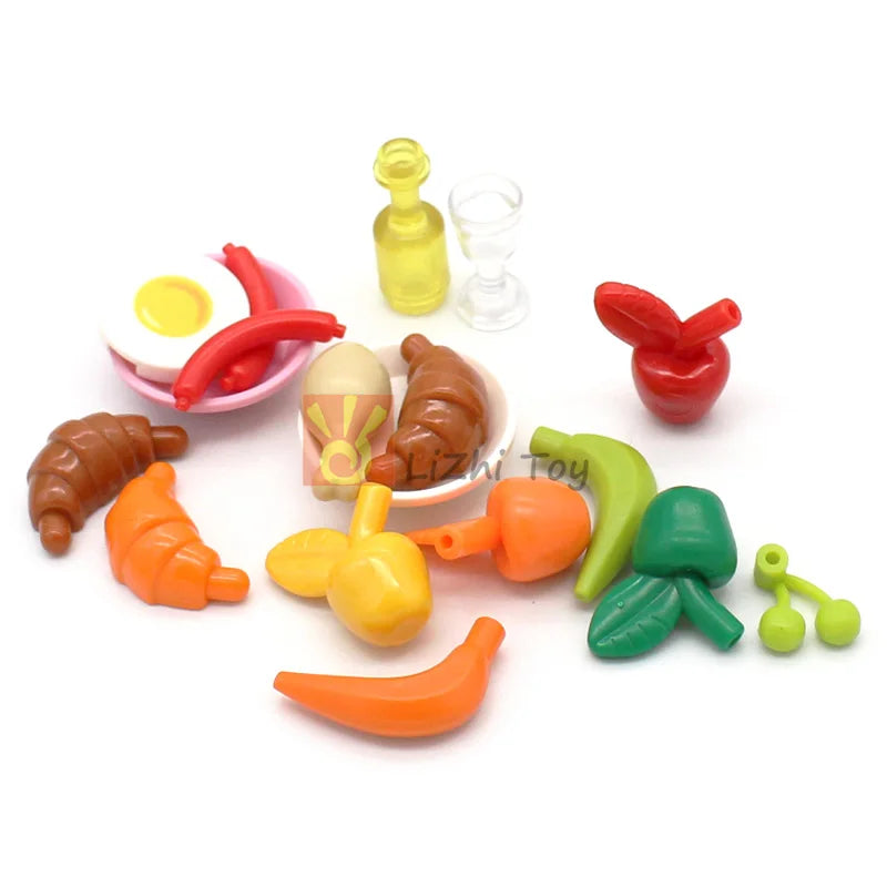 City Friend Accessories Food Building Blocks Bread Chips Roast Chicken Pizza Egg Fruit Cookie Dessert Classic MOC Bricks Toys