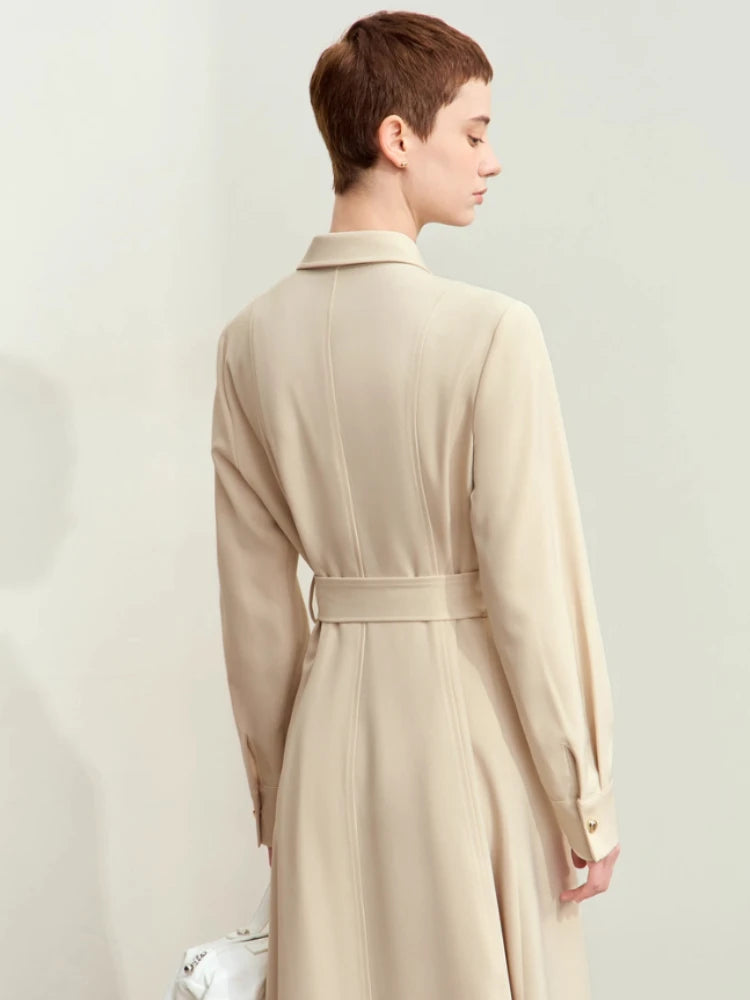 Amii Minimalism Dresses for Woman 2025 Autumn New Lapel with Belt Slim Midi Dresses Fashion Office Lady Woman Clothing 12443045