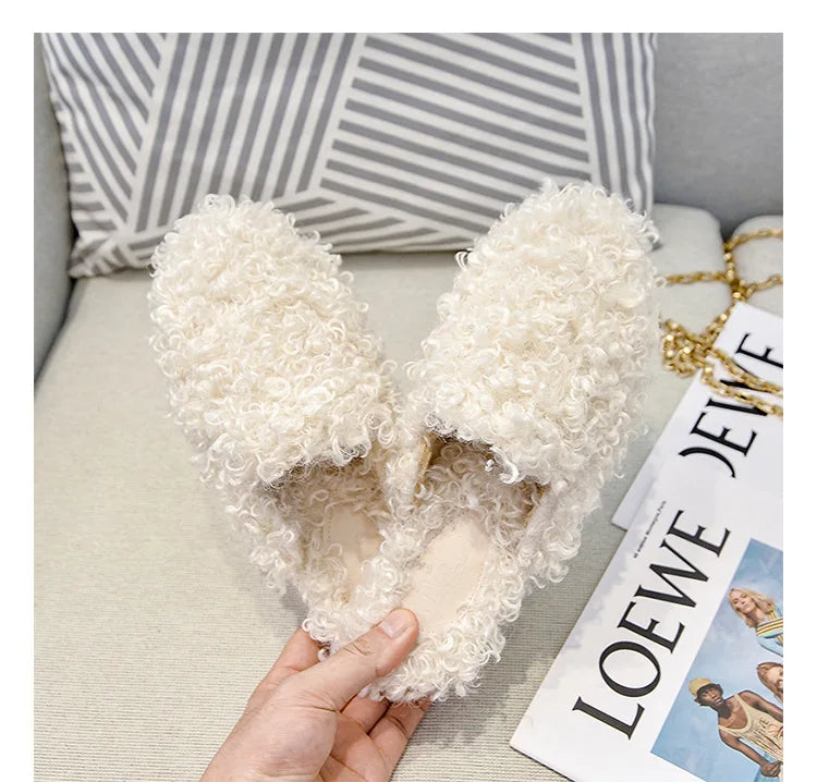 Black/white Curly Fur New Slippers Women Flat Heel Round Toe Lambwool Slides Home Shoes Woman Lazy Furry Slippers Big Size 41-44
