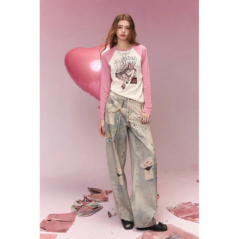 ELFSACK Sweet Cool Distressed Print Lace Insert Wide Leg Jeans For Women