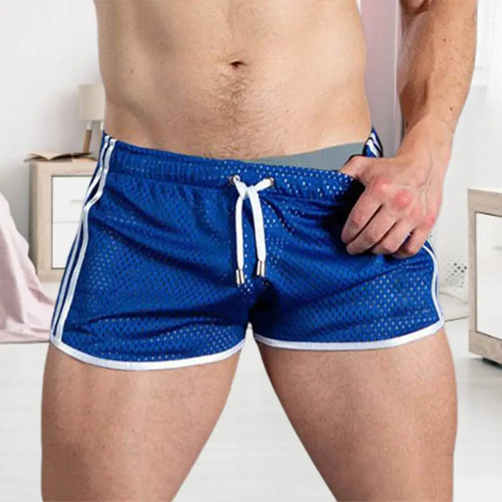 Summer Men Sport Shorts Color Matching Hollow Mesh Loose Drawstring Elastic Waist Quick Dry Jogging Gym Vacation Beach Shorts
