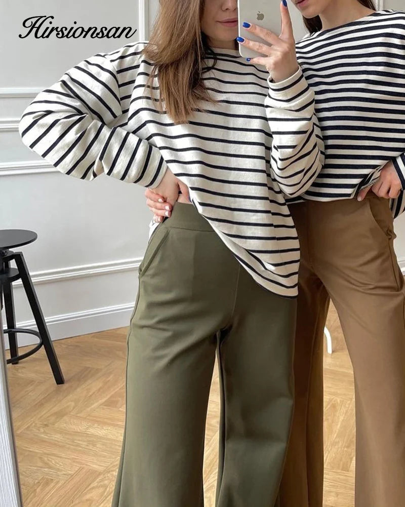 Hirsionsan 2023 Basic Thick Stripes T Shirts Women Autumn Long Sleeves Loose Bottom Ladies Casual Knitted Cotton Woman Clothing