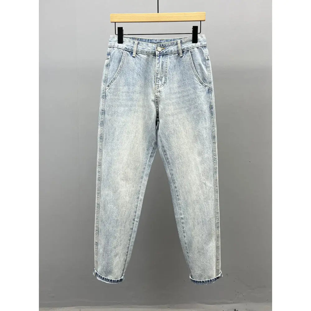 Slant Pocket Light Blue Slim-fitting Small-footed Jeans Men's Streetwear Simple Retro High Street Trousers Trendy Men's Pants