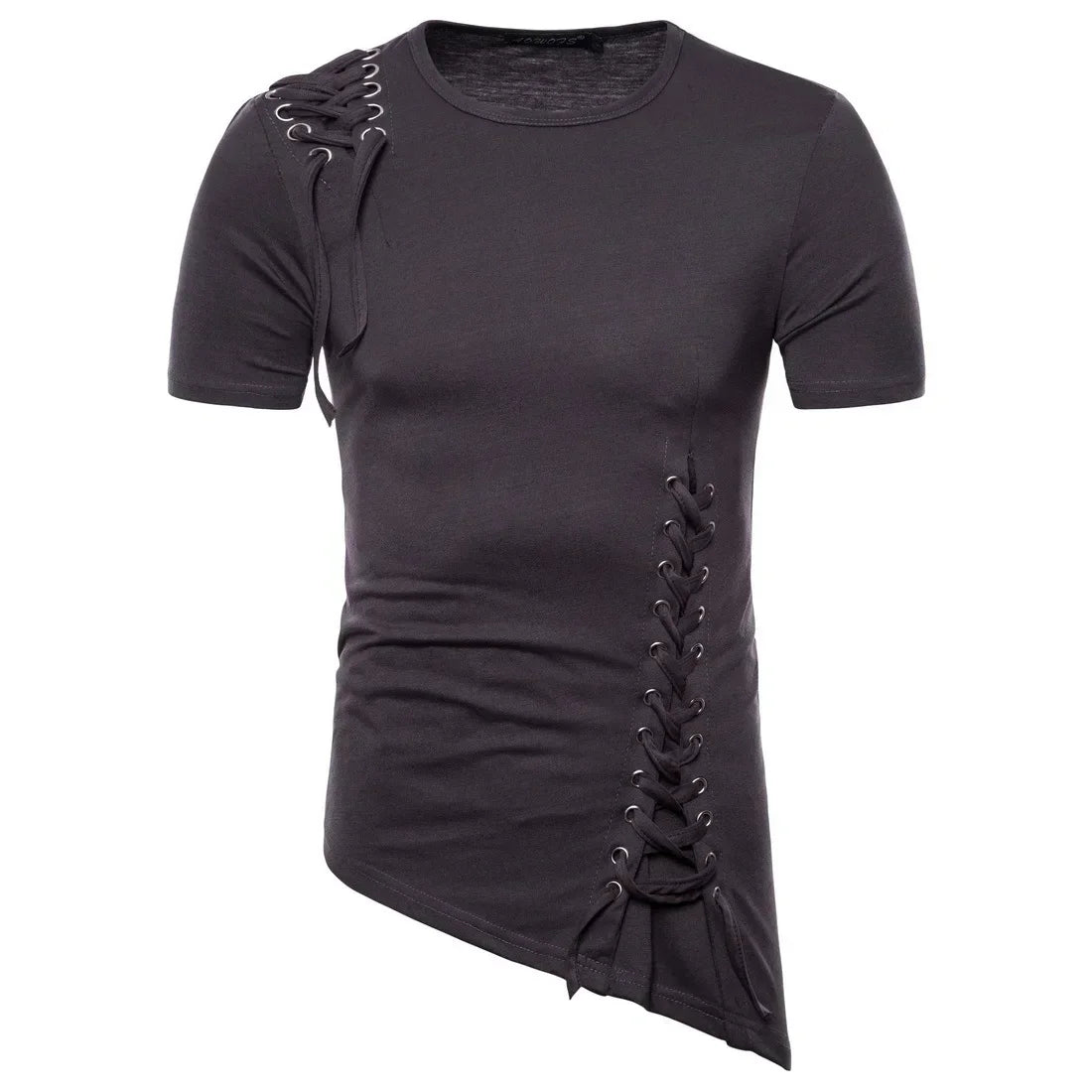 New Men's Summer Short Sleeve T-shirts Trend Irregular Design Lace Up Solid Slim Tees Fashion Gothic Style Casual Shirts Men
