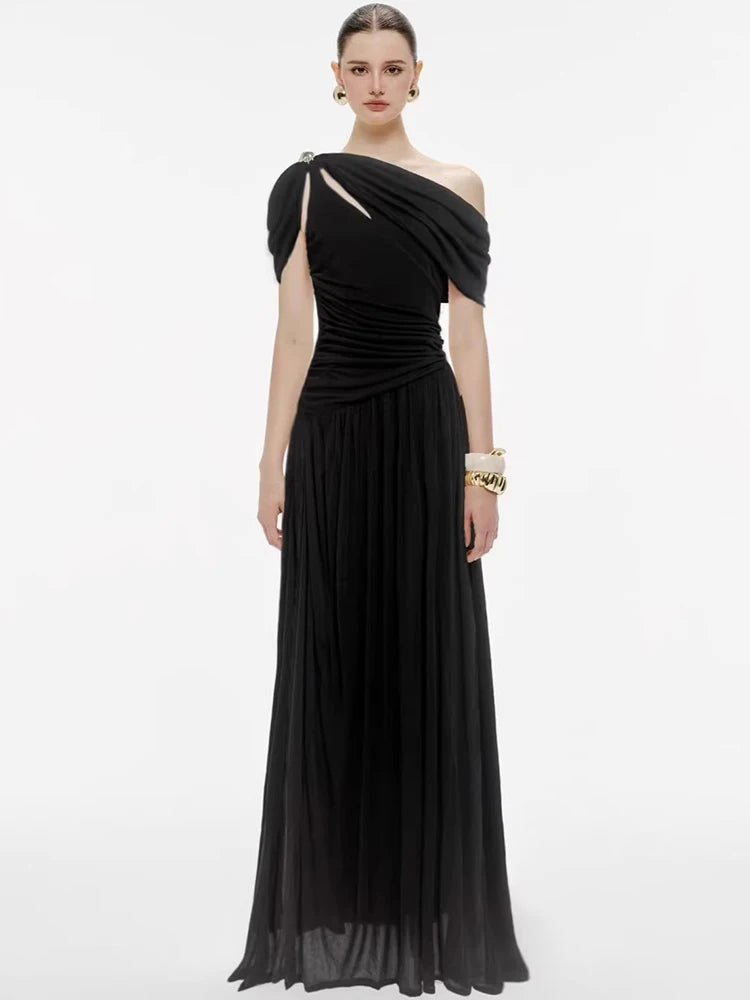 DEAT Elegant Dress Asymmetrical Pleated Long Hollow Out Solid Color Women's Evening Party Dresses 2026 Spring New Tide 35Z4129