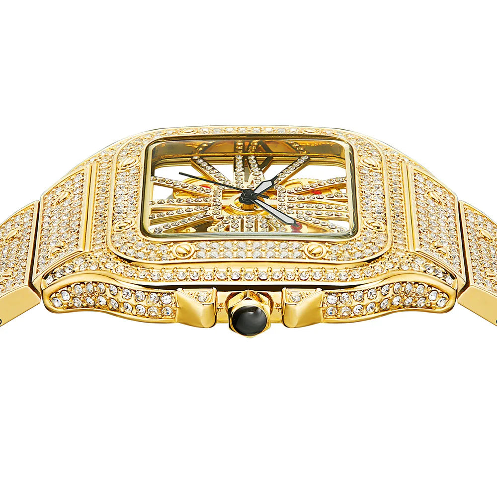 TOP brand watches Fashion Square Men's Watches Luxury Hollow Hip Hop Full Diamond Metal Waterproof Male Quartz Clock Watch Gift