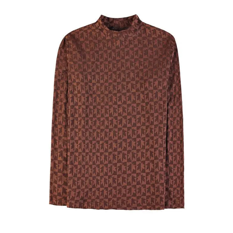 Jacquard Half-high Neck Long-sleeved T-shirt Men's Spring and Autumn New Trendy and Fashionable Slim Mid-neck Versatile Pullover