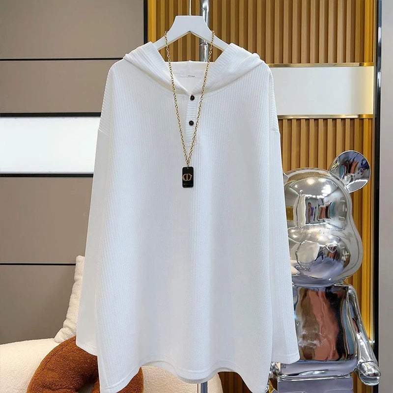 2023 Spring Autumn New Fashion Hooded Button Long Sleeve Hoodies Women Casual Loose Thin Style All-match Mid-length Pullovers