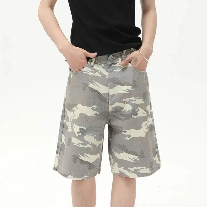 IEFB Men's Wear American Style Camouflage Jorts Loose Wide Leg Casual Pants Versatile Washed Denim Shorts New Trendy 9A8588