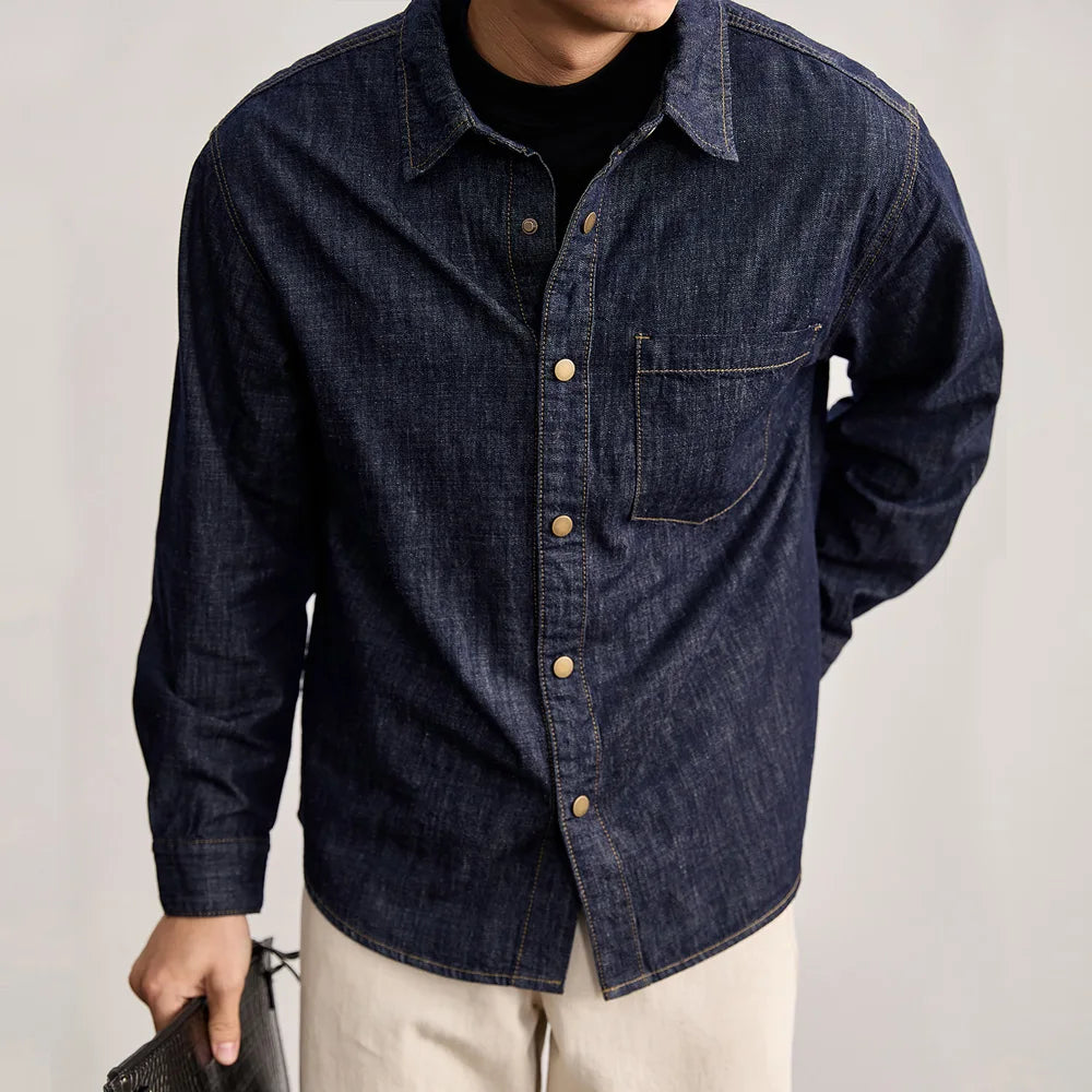 Cotton Linen Denim Shirt Men Fashion Vintage Loose Casual Long Sleeve Cargo Shirt Male Streetwear Plus Size Jeans Shirts Clothes
