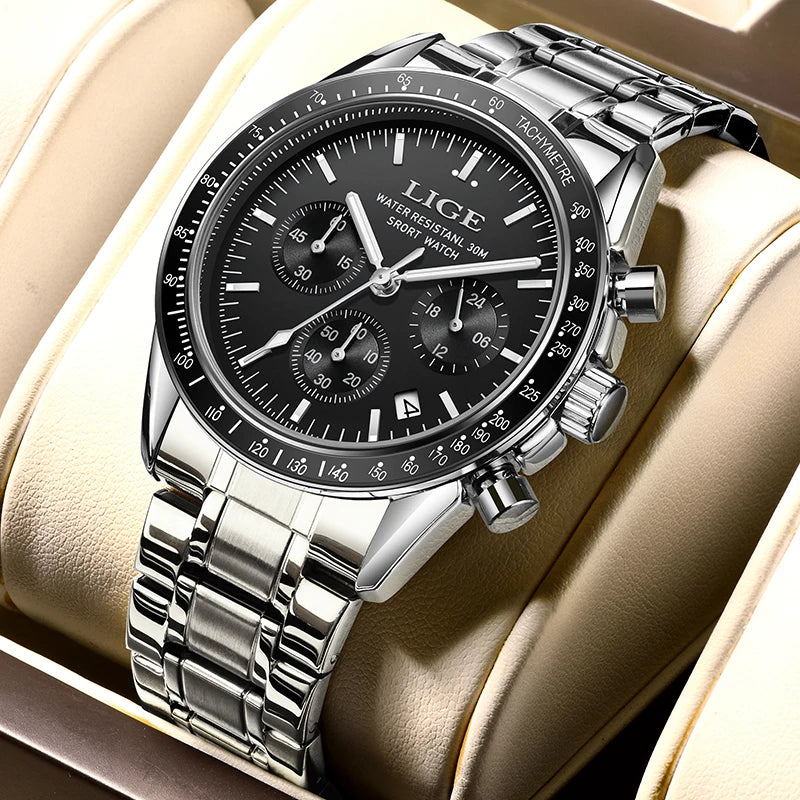 LIGE NEW fashion luxury Men's watches waterproof luminous clock stainless steel strap quartz   wristwatch for men montres hommes