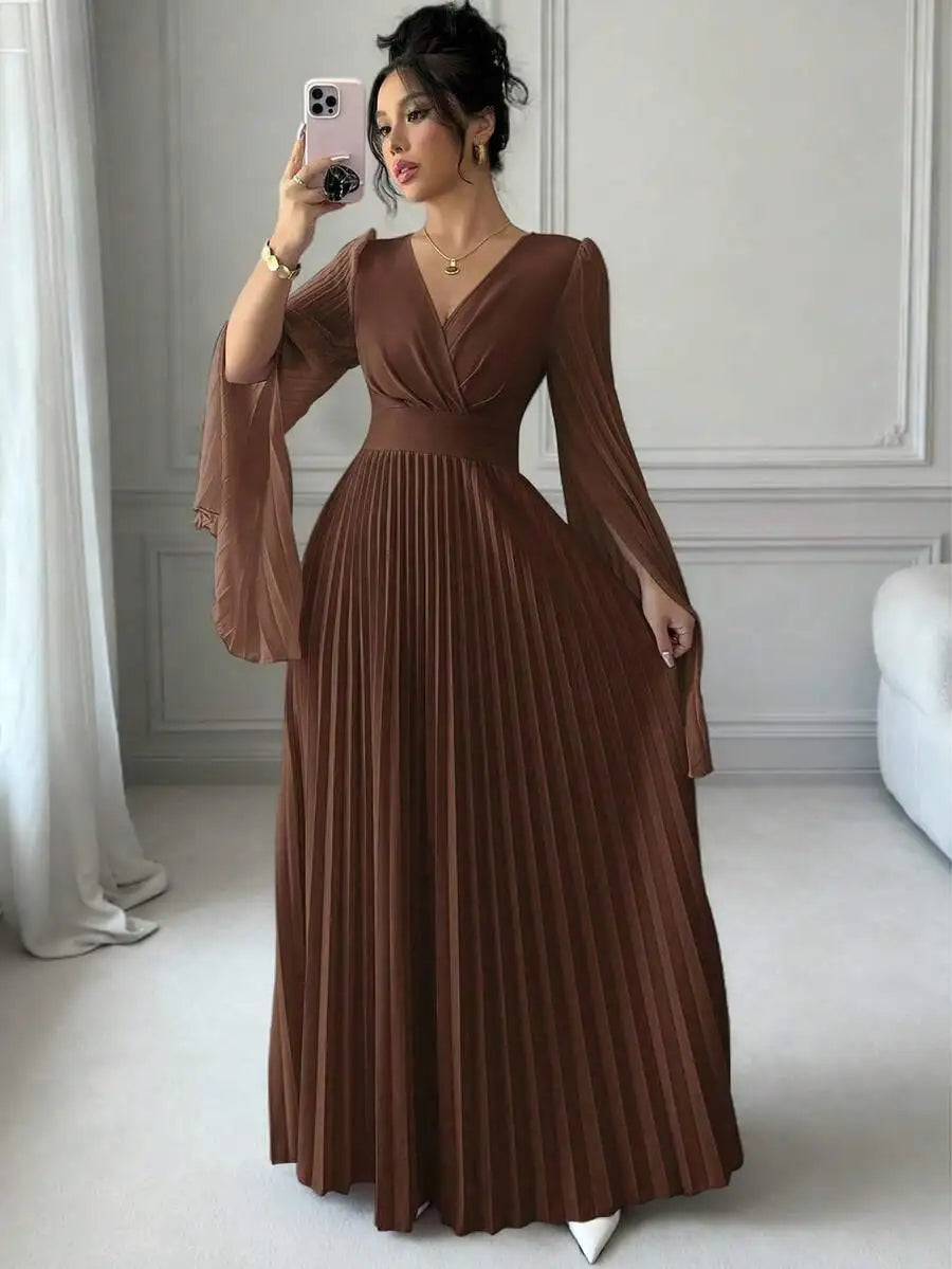 Lavender V-Neck Pleated Maxi Dress with Bell Sleeves Elegant Formal Gown