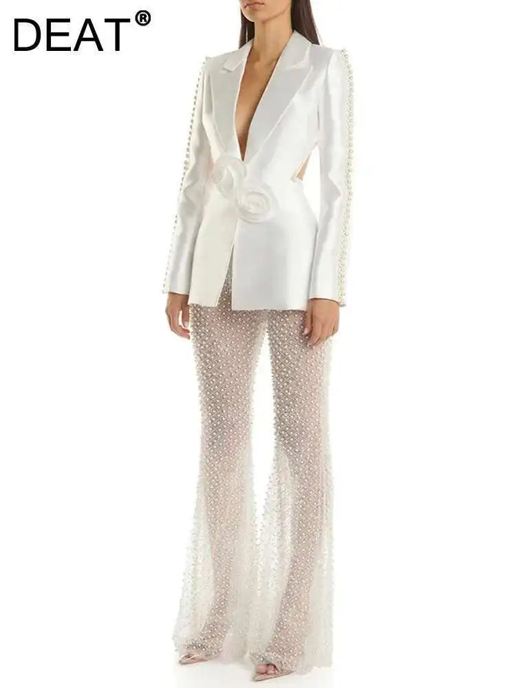 DEAT Elegant 2 Pcs Set Lapel 3D Flower Hollow Out Coat Mesh Pearl Sequin Splice Pant Women's Suit 2026 Spring New Tide 35Z1662