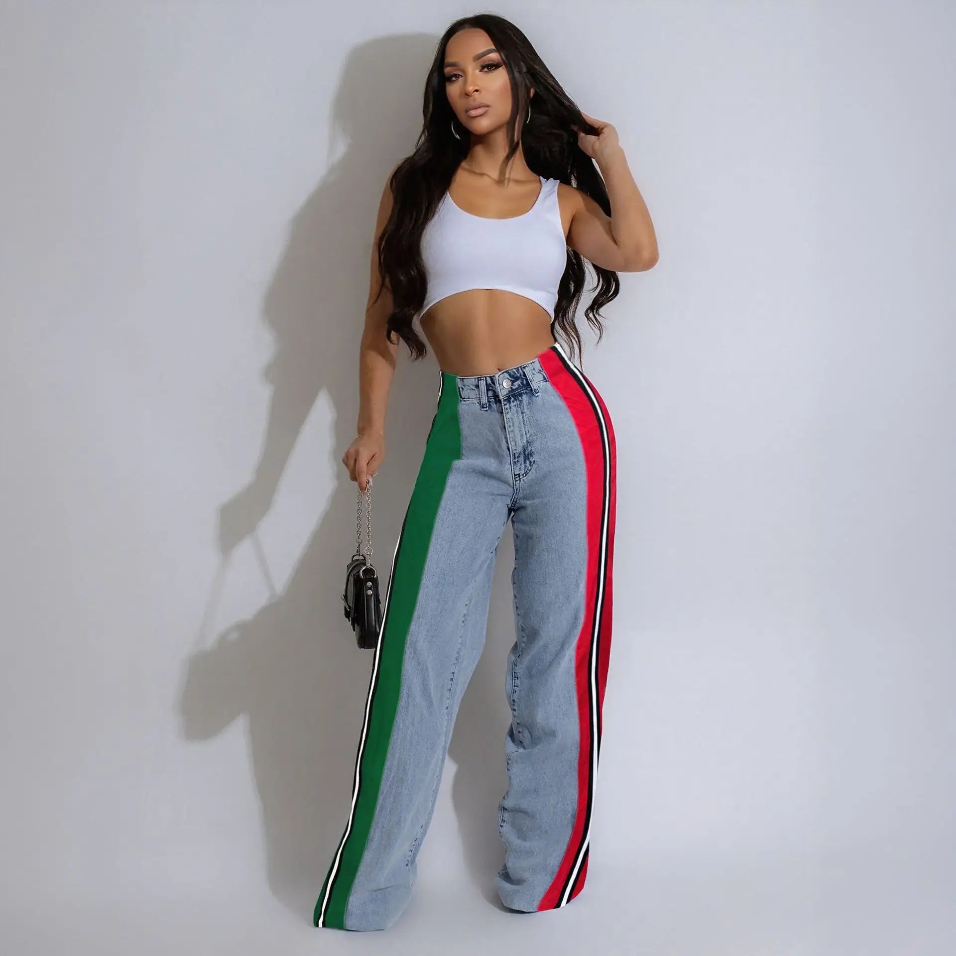 Denim Pants Women Patchwork Spliced Long Pant Mom Straight Button High Waist Casual Jeans Trousers Pocket Lady Y2k Autumn