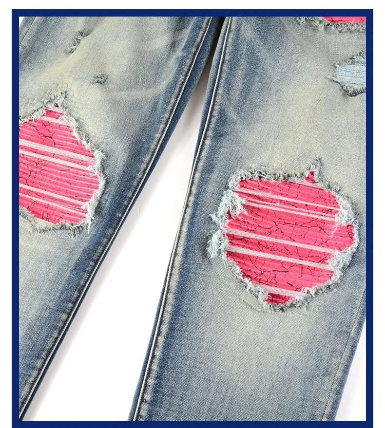 Hole Jeans Men Patchwork Ankle Length Trousers Washed Denim Pencil Pants Mid Waist Vintage Distressed Autumn Street Denims