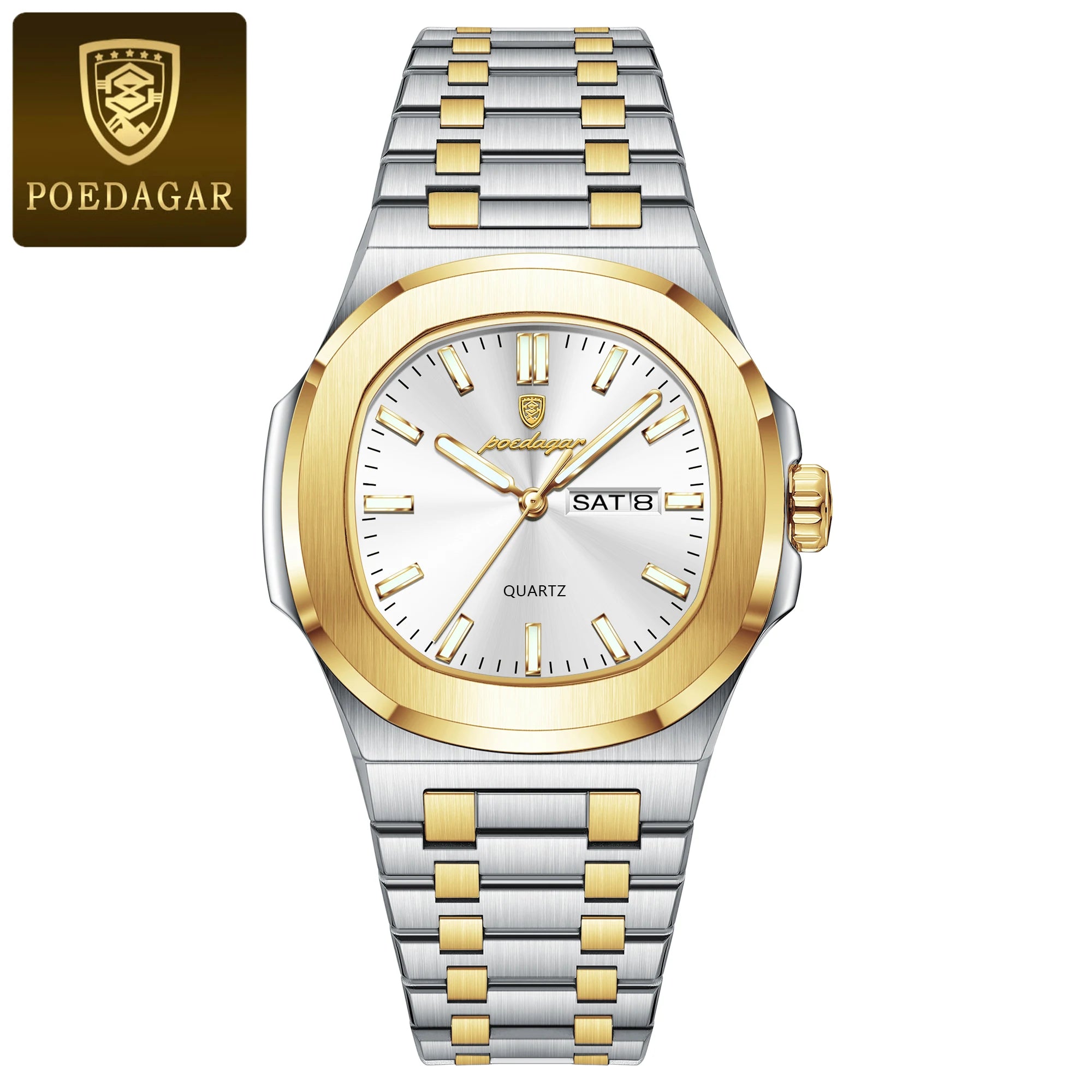 POEDAGAR Square Luxury Men's Wristwatch Luminous Waterproof Stainless Steel Male Clock Week Date Original Quartz Watches For Men