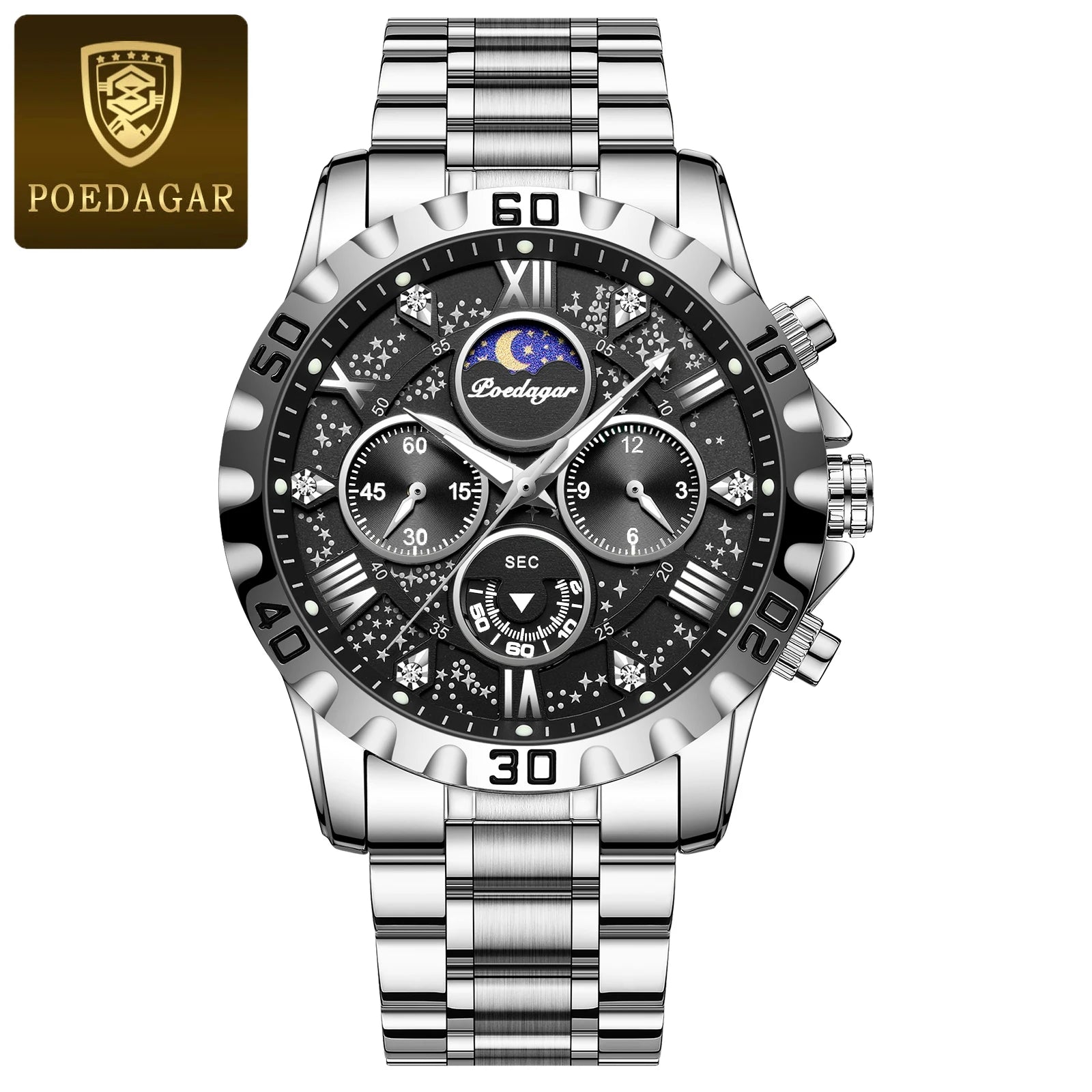 POEDAGAR Luxury Man Wristwatch Waterproof Luminous Chronograph Sports Men Watch Stainless Steel Fashion Quartz Men's Watches+Box
