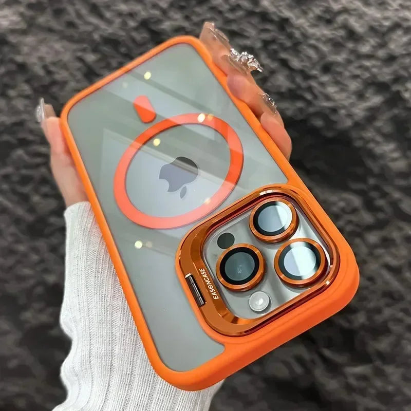 Luxury Glass Lens Protect Magnetic Phone Case For iPhone 16 17 15 14 13 12 11 Pro Max Funda For Magsafe Stand Shockproof Cover