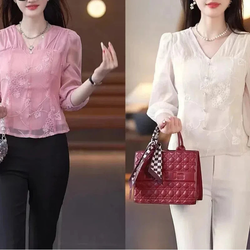 2024 Women's Clothing Summer Pullovers V-Neck Three Quarter Commuter Trendy Embroidery Solid Color High End Western StyleTops