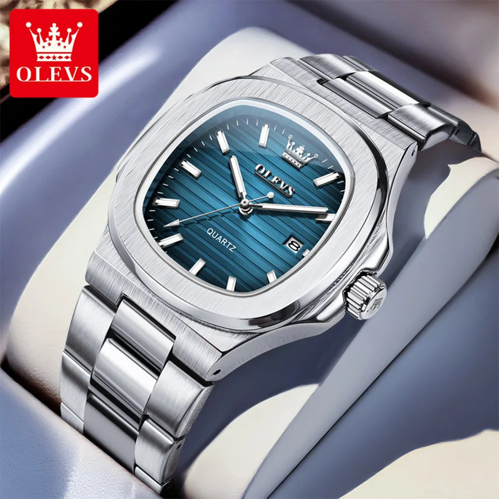 OLEVS Fashion Square Men Watches Business Stainless Steel Rose Gold Quartz Watch Calendar Date Male Casual Sports Luminous Clock