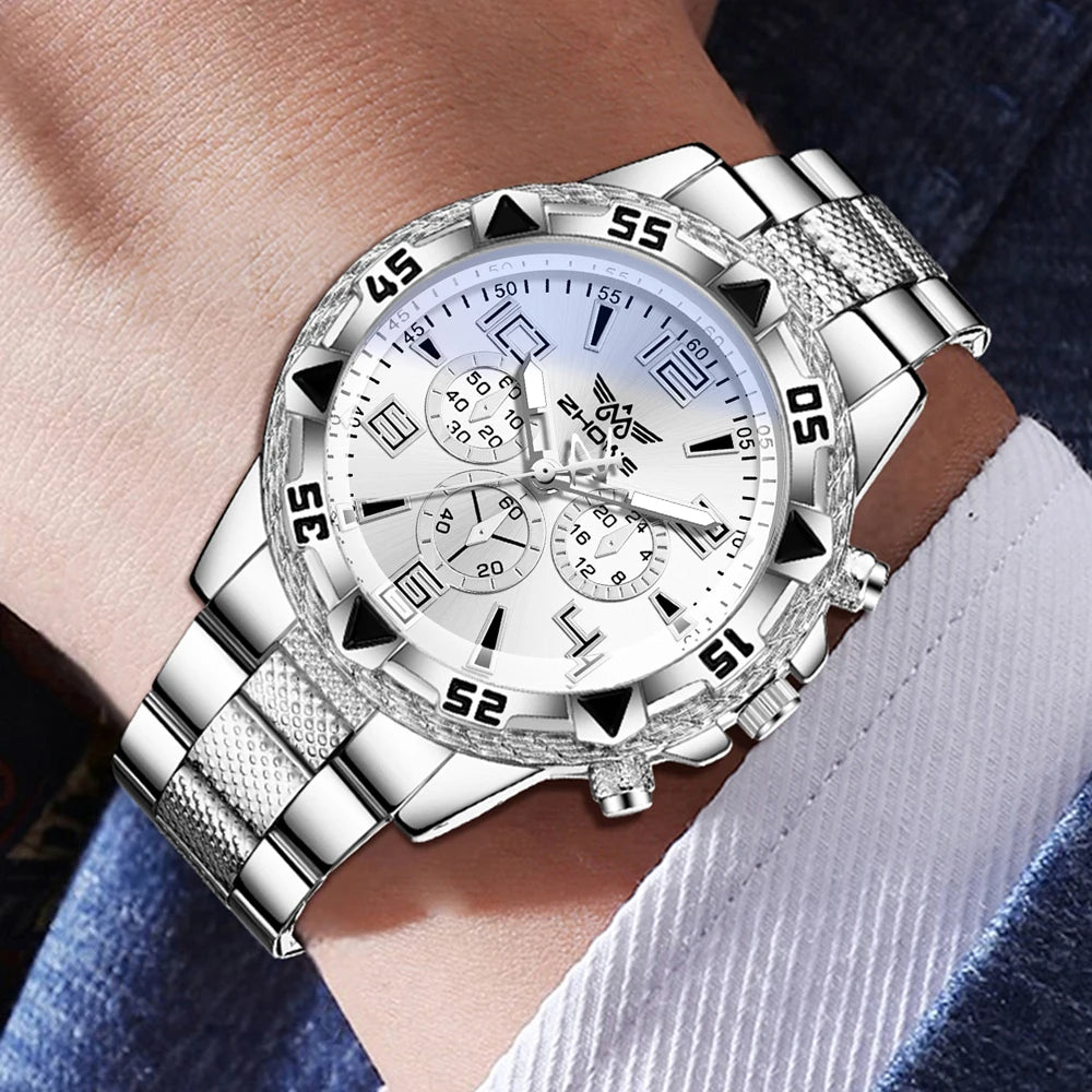 4PCS Silver Men's Fashion Casual Mixed Scale Dial Quartz Watch Bracelet Necklace Ring Set Suitable for Daily Wear Decoration