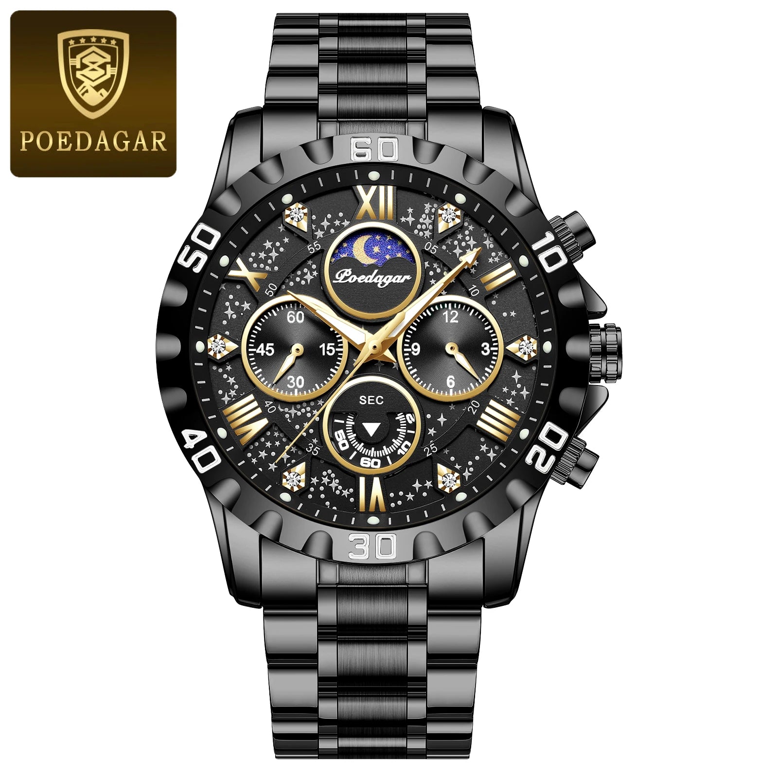 POEDAGAR Luxury Man Wristwatch Waterproof Luminous Chronograph Sports Men Watch Stainless Steel Fashion Quartz Men's Watches+Box