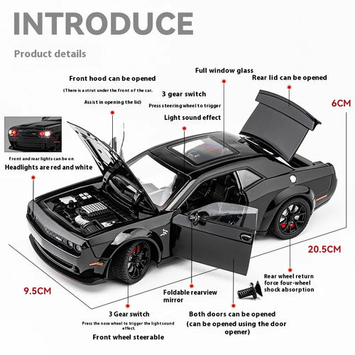 1:24 Challenger Hellcat Redeye Alloy Car Model Sound and Light Children Toy Birthday gift Miniature Voiture