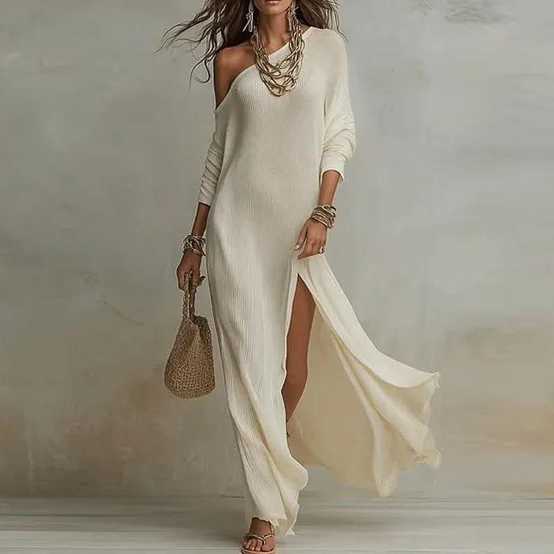 Spring One Shoulder Long Sleeve Holiday Dress Woman Sexy Skew Collar Split Bohemian Dress Elegant Solid Slim Casual Maxi Dresses