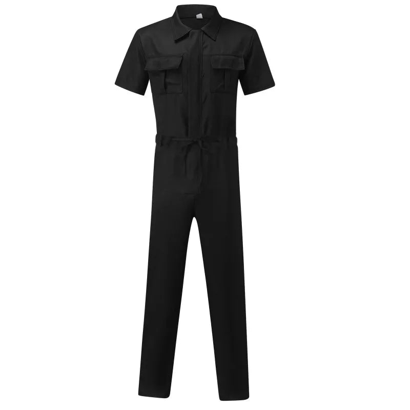 Men's Overalls Casual Streetwear Pocket Solid Color Short Sleeve+Trousers Jumpsuit Fashion Leisure Basic Work Cargos Pants S-3XL