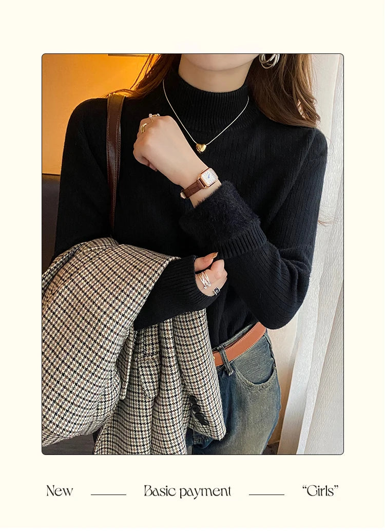 Women's Turtleneck Sweater Winter 2026 Retro with Velvet Lining Thickened Inner Wear Thermal Knitting Bottoming Shirt Pullovers
